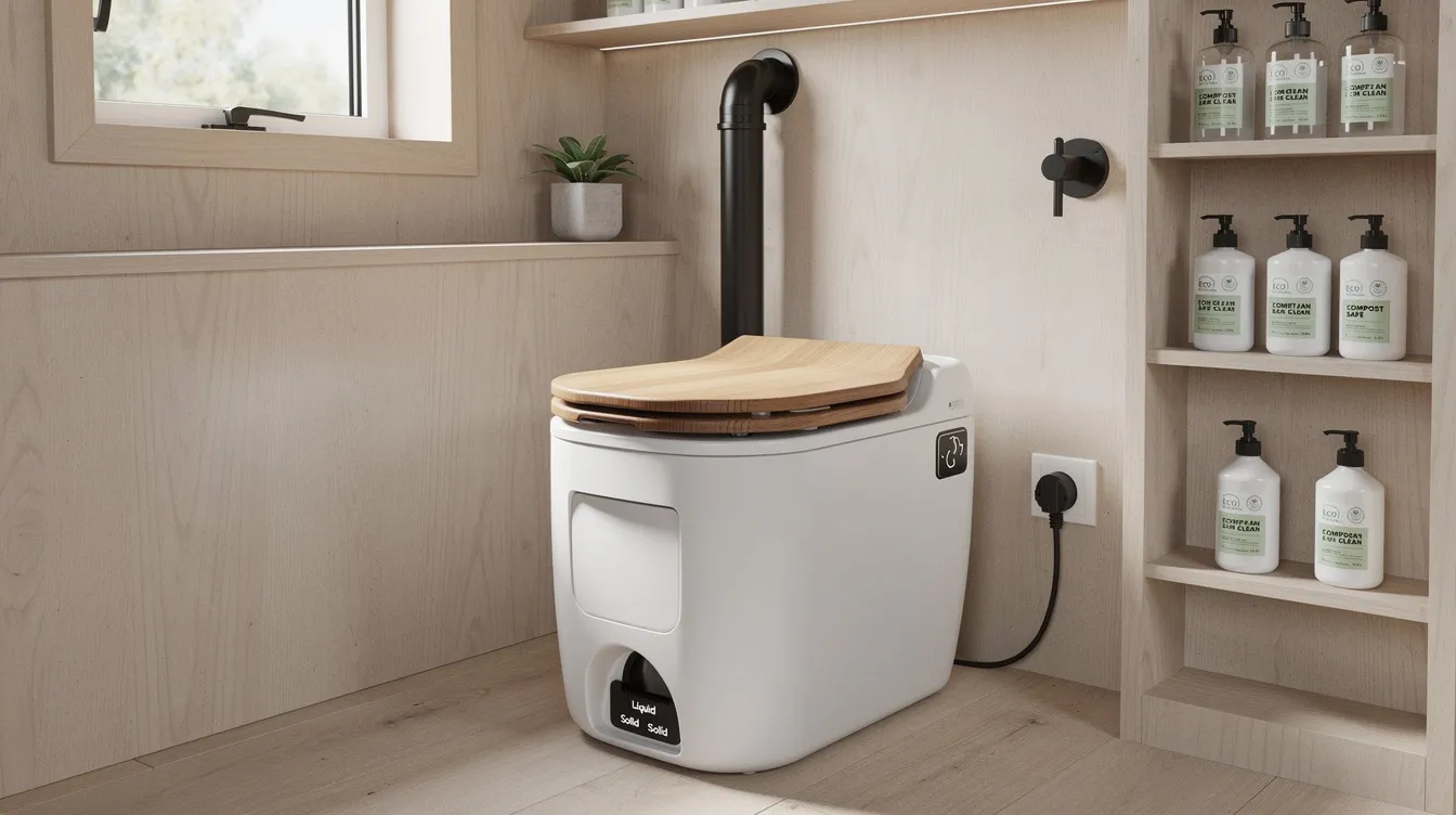 E45c43a40f2b489db6343ab047b15b86 The image depicts a compact composting toilet designed for tiny houses showcasing features like a urine diverter and a composting chamber This eco friendly solution for waste disposal in small spaces emphasizes hygiene and convenience while minimizing environmental footprint