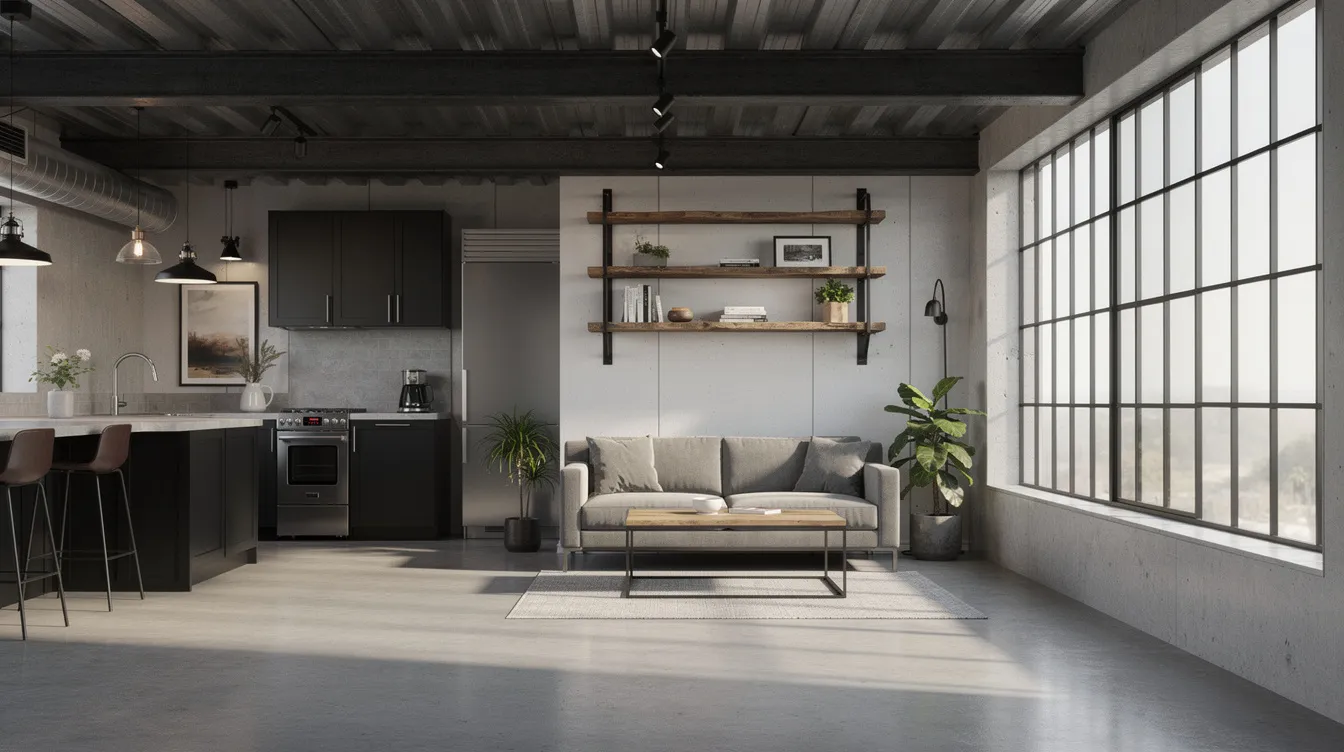 E4af8d1e6f0e4660b5870bcaa5105d7f The image showcases the interior of an industrial tiny house featuring exposed steel beams concrete floors and large factory style windows that flood the living space with natural light This design exemplifies the tiny house movement emphasizing minimal space and energy efficiency while creating a functional and stylish environment for tiny house owners
