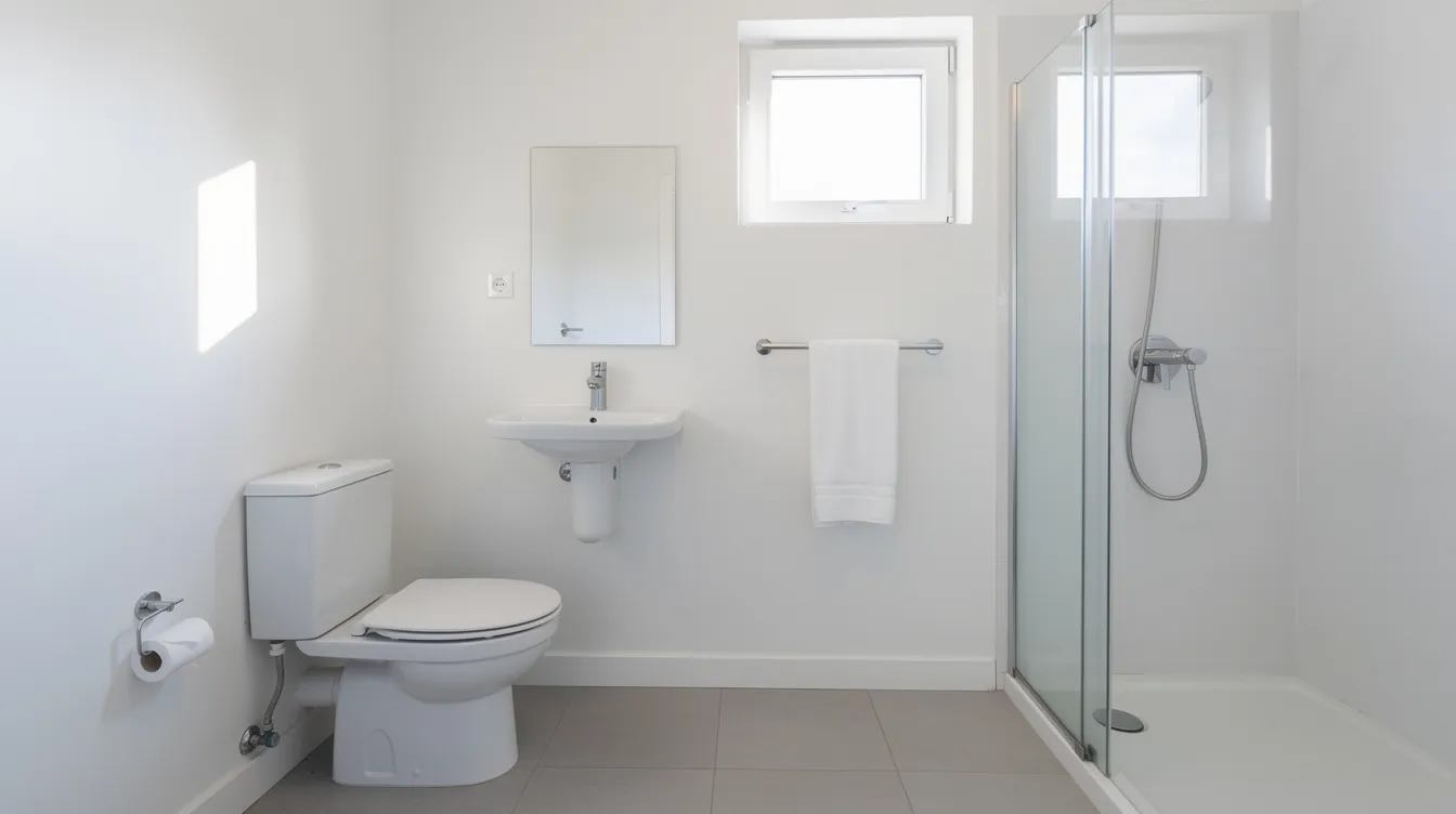 E601e0cf1f5c469ea587ce8e33edacf1 The image depicts a compact bathroom space in a tiny house featuring white walls and a small window that allows natural light to fill the room This efficient area includes essential plumbing fixtures such as a bathroom sink and a composting toilet showcasing an off grid water system ideal for tiny home owners