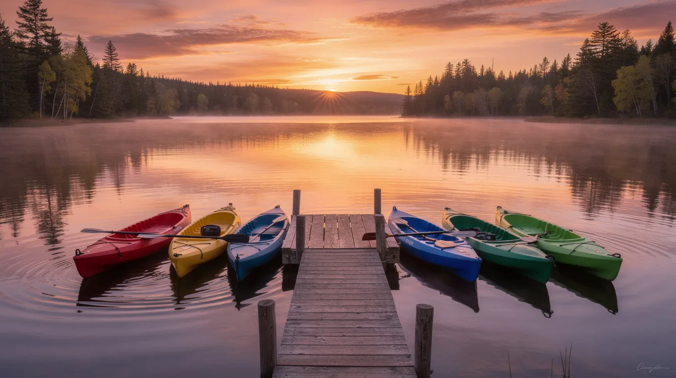 E64d1305ca4945b696b589a43c4402fa A serene lakeside scene captures kayaks resting on a wooden dock as the sun sets casting warm hues over the water This peaceful setting reflects the essence of tiny living in New Hampshire where tiny house communities like Tuxbury Tiny House Village offer residents a tranquil lifestyle surrounded by nature