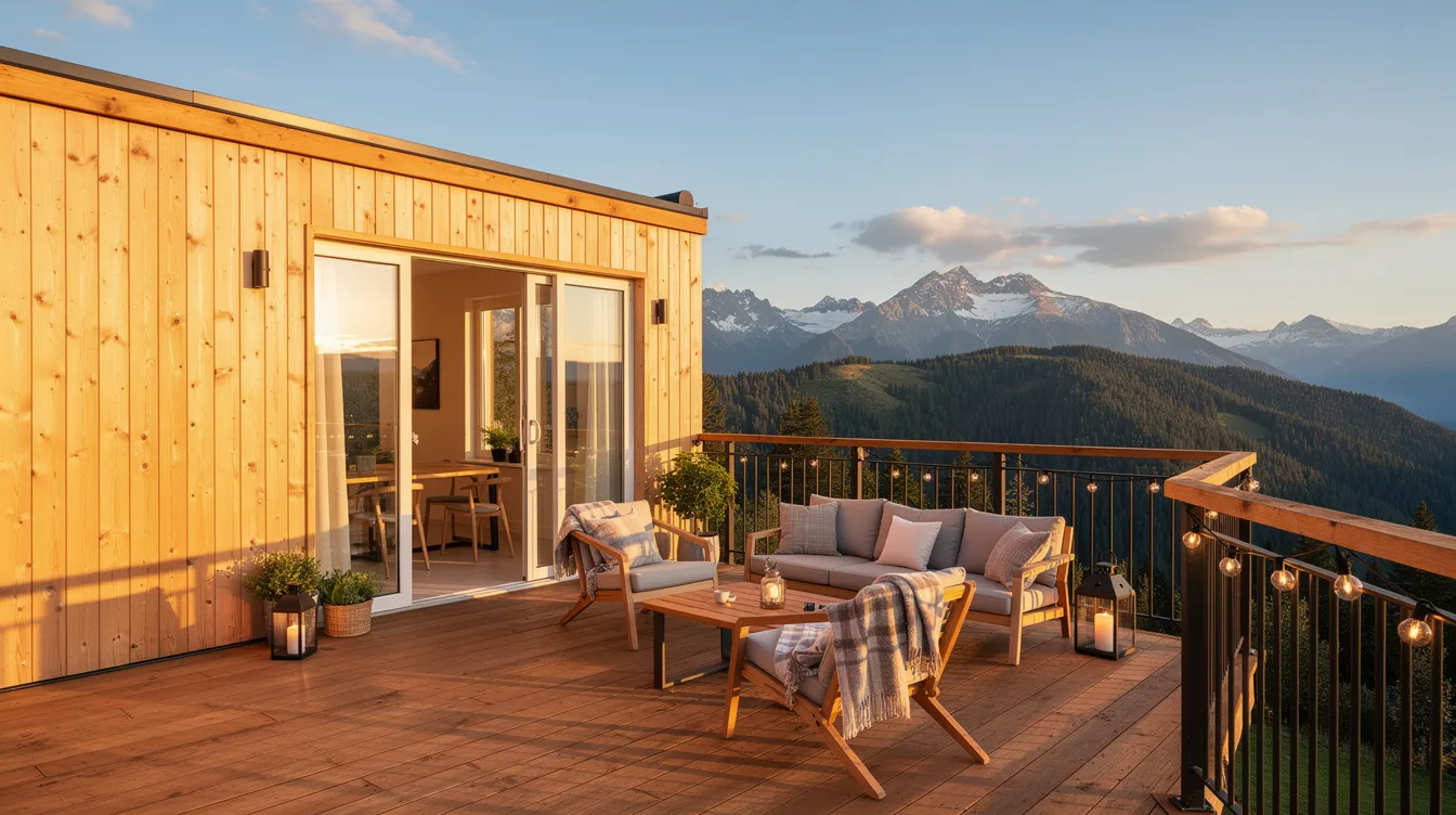 E6e48a4bfd064724a059b92ce2822ee9 The image shows an outdoor wooden deck attached to a tiny house featuring comfortable seating that invites relaxation while enjoying stunning mountain views in the background This setup exemplifies the appeal of tiny homes as vacation rentals offering a cozy and eco friendly getaway for travelers