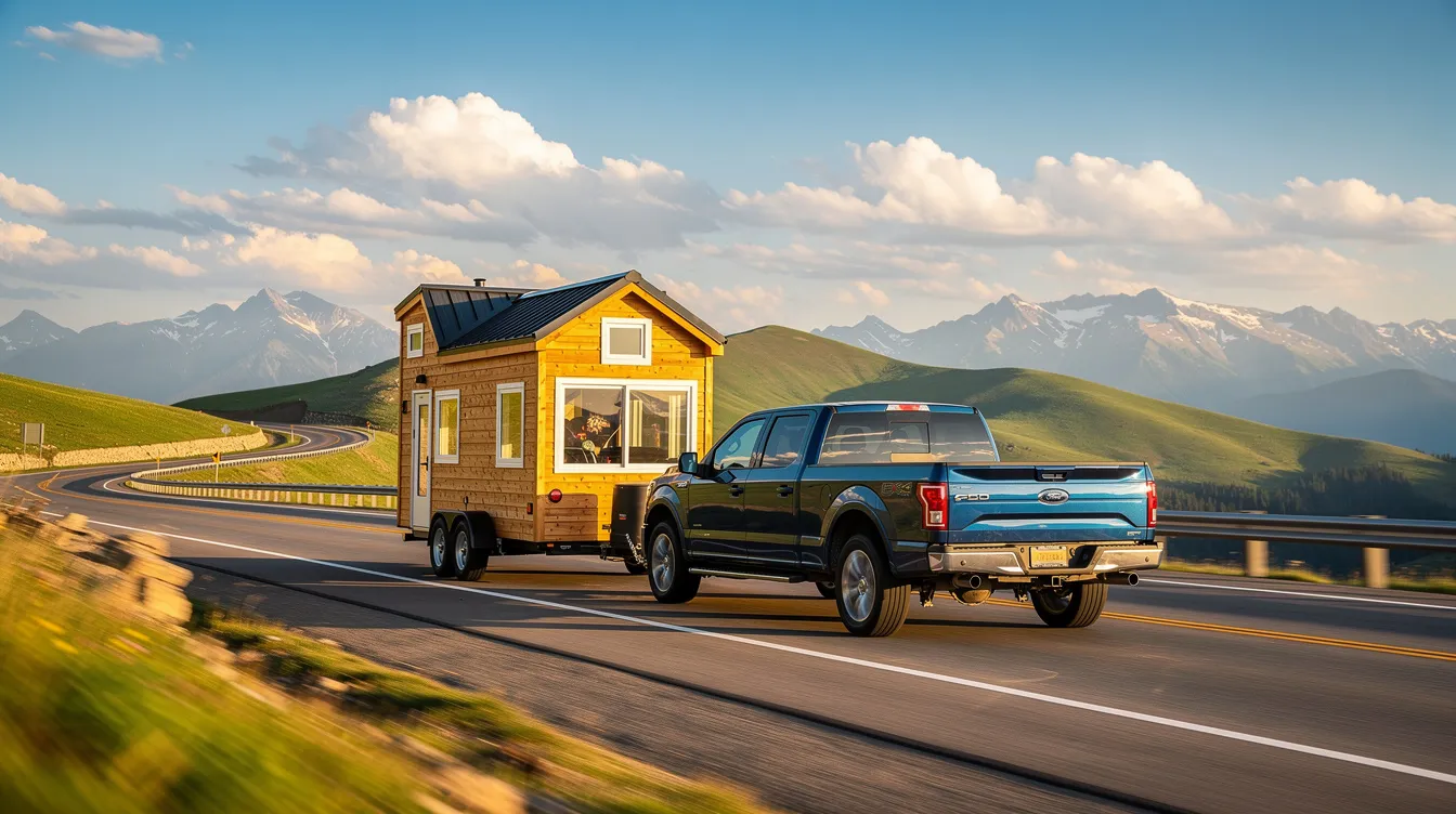 E8d4b4cb577d40c5bb731ae3de6b1be4 A tiny house on wheels is being towed by a pickup truck along a scenic highway showcasing the compact living space and mobility of tiny homes The trailer's steel frame and lightweight design allow for safe towing, making it an ideal choice for those seeking more living space on the go.