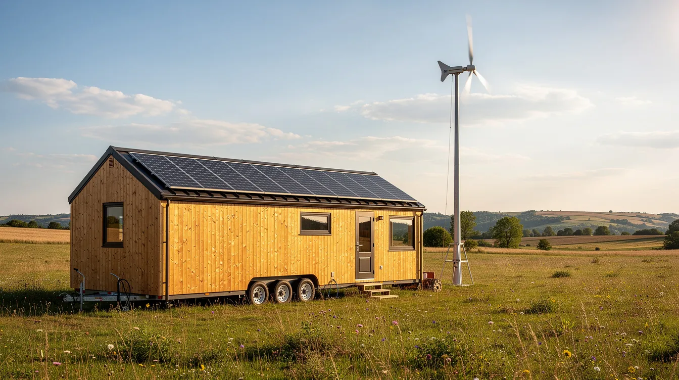 E932cc43910348da8d7d53282a31f369 A rural tiny house is shown with a tall wind turbine on a tower nearby along with solar panels installed on its roof highlighting a sustainable energy system that utilizes both wind power and solar power for electricity generation The setup exemplifies the integration of small wind turbines and renewable energy sources for energy independence