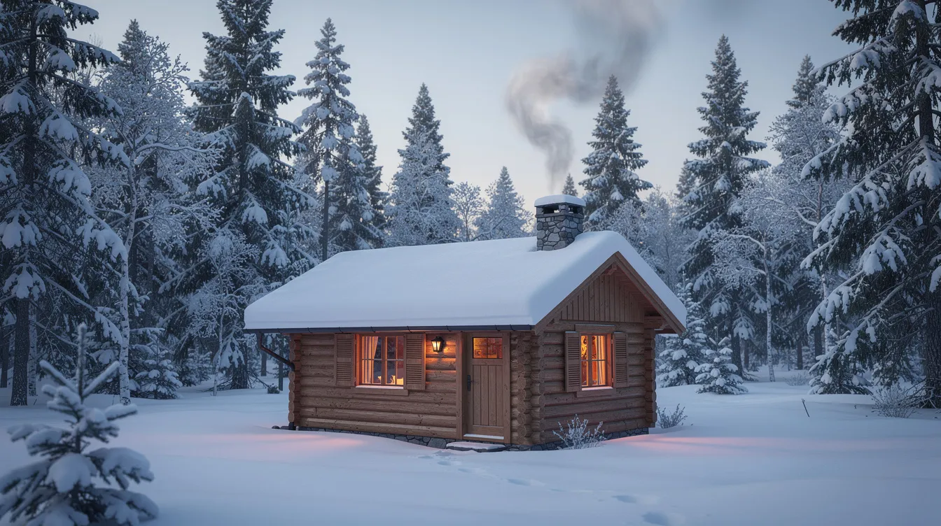 E9372b3a01e8421ea238b847f6e84fa7 A cozy tiny house is surrounded by a snowy forest with smoke gently rising from its chimney suggesting warmth and comfort inside This off grid cabin could be equipped with a tiny house composting toilet ideal for sustainable living in nature