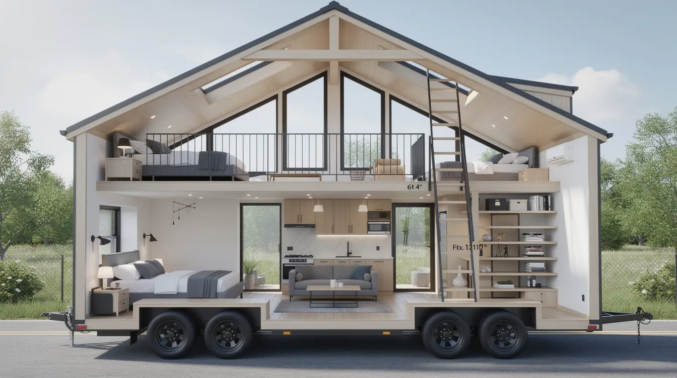 E96d3f487f074bbdb2100b89acdd2116 This image showcases a modern tiny house floor plan featuring a loft style layout that maximizes space with two lofted bedrooms above a central living area ideal for small families The design includes large windows and high ceilings enhancing the sense of openness in this compact 500 700 sq ft living space