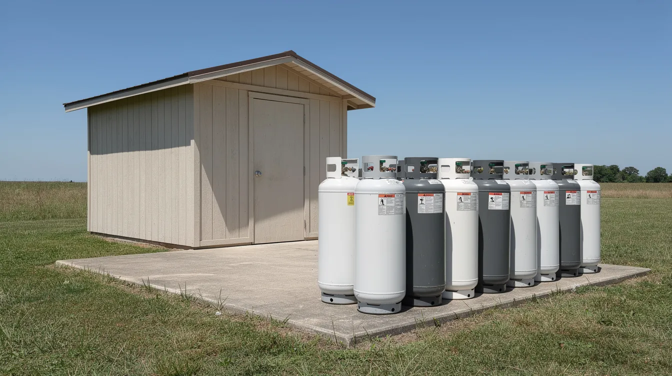 E9ded97ddb2048318f65cc2e571d6244 The image shows propane tanks arranged near a small outdoor structure likely intended for use with propane appliances such as a propane water heater This setup is ideal for tiny house living providing an energy source for heating water efficiently in outdoor installations