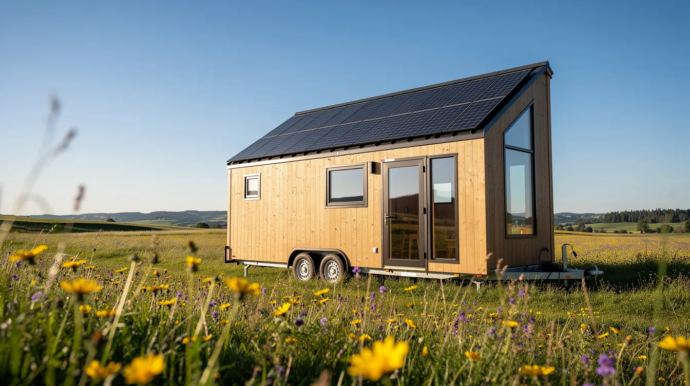 E9fef3d3031a4b8fb088cdc5003eac13 A tiny house equipped with rooftop solar panels is parked in a sunny meadow showcasing an eco friendly solar power system that harnesses the sun's rays for energy. This setup highlights the potential for reduced utility bills and energy consumption while living sustainably.