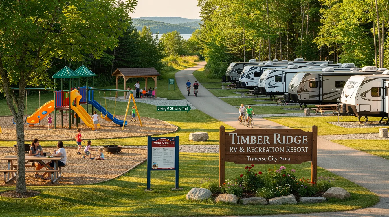 Eaefa242c5b1481cab56691c21a73d35 The image showcases Timber Ridge RV Recreation Resort near Traverse City featuring a vibrant playground and families enjoying outdoor activities This family friendly park model community offers access to biking and skiing trails making it a perfect spot for seasonal residents and outdoor enthusiasts in northern Michigan