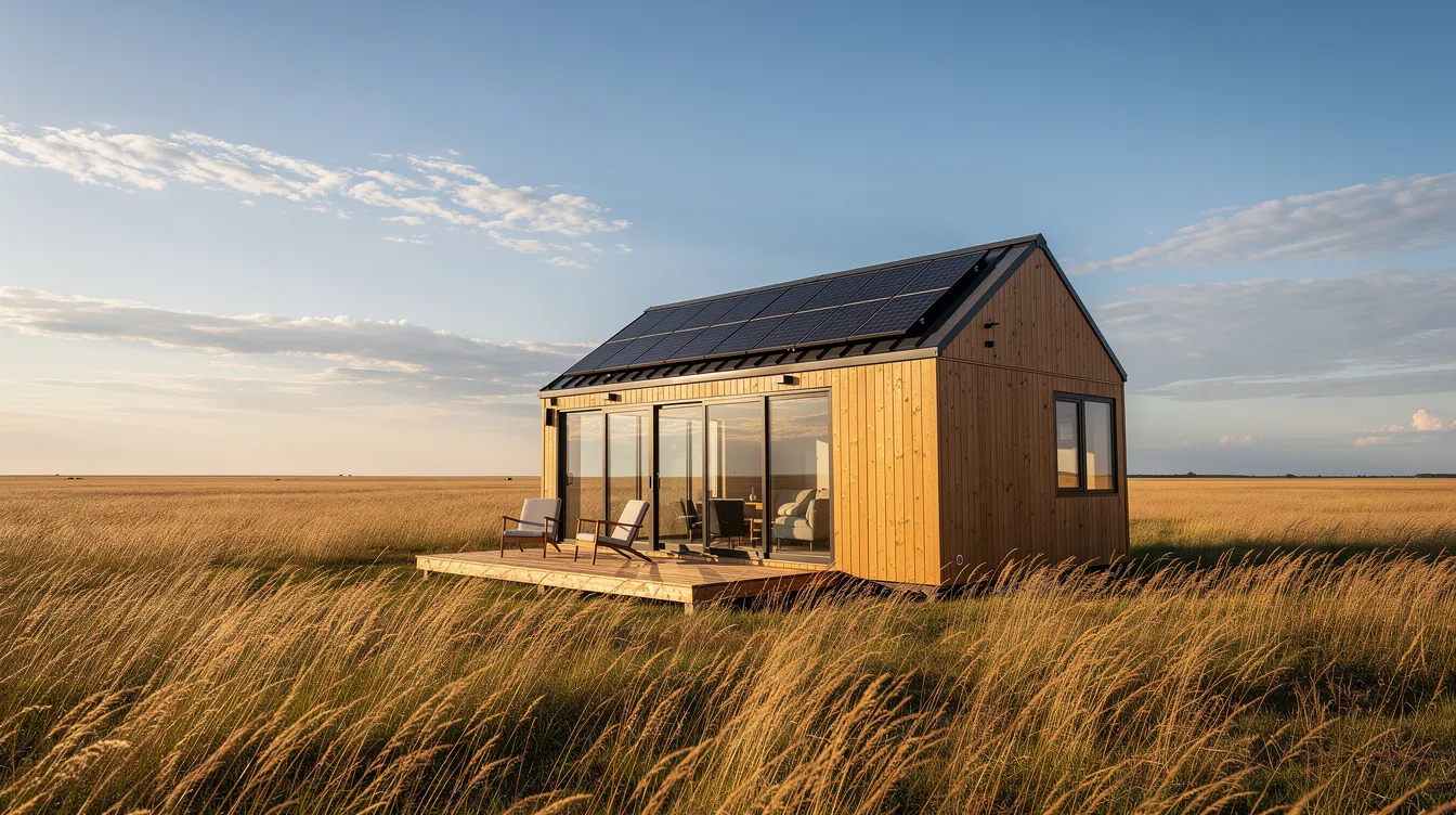 Eb22042b41ac4bc69da096737d335ac1 A modern tiny home featuring solar panels on the roof is nestled amidst tall prairie grass under an expansive open sky embodying the essence of tiny living in Nebraska This tranquil setting offers a cozy atmosphere perfect for small families seeking comfortable living in a tiny house community