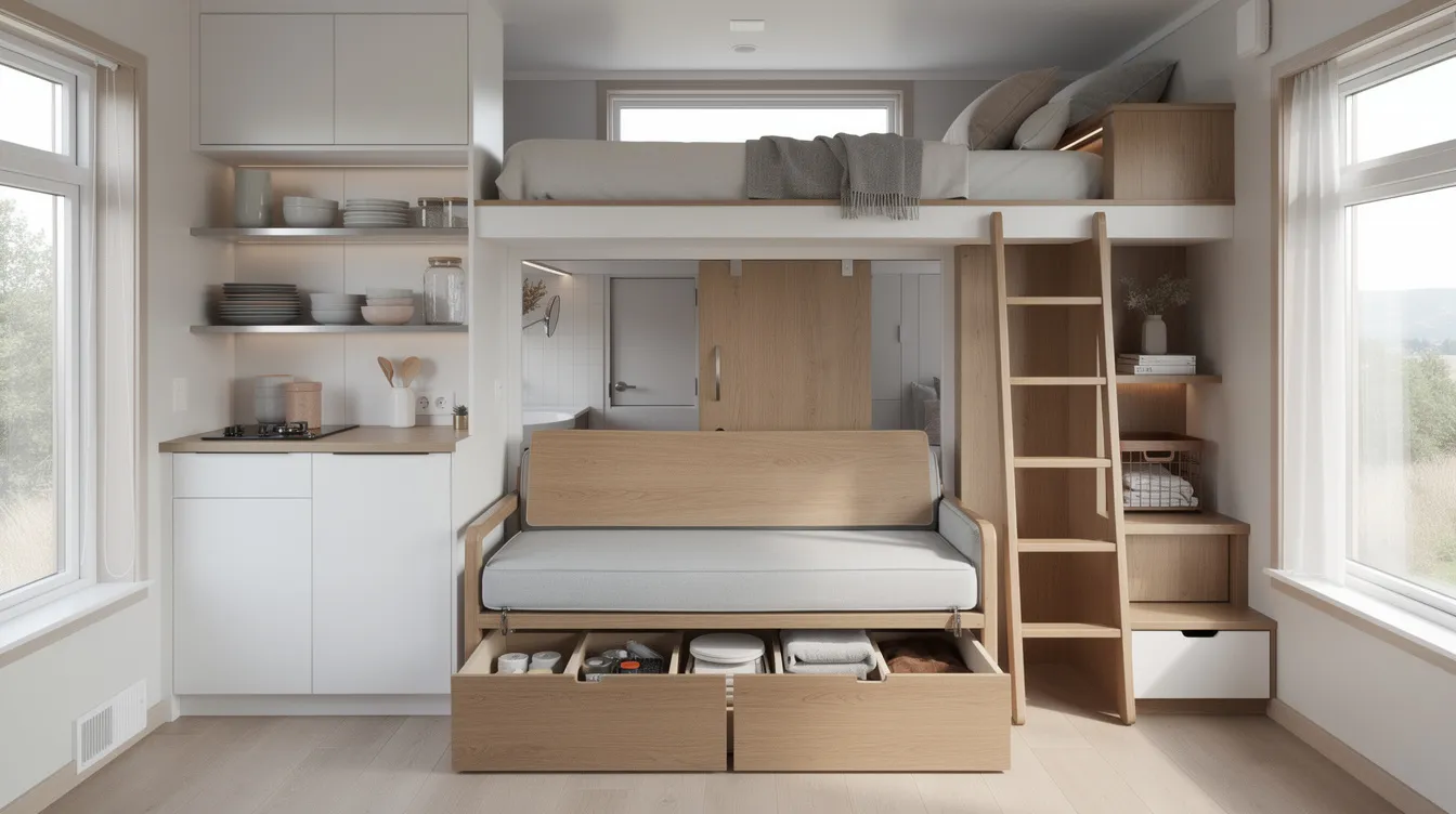 Eb6738945f0e4c06b7674bbc87e900b0 This image showcases a well designed tiny house interior featuring a lofted sleeping area and multi functional furniture that maximizes the limited space of under 400 square feet The compact living space emphasizes a minimalist lifestyle highlighting creative storage solutions and efficient use of vertical space which are essential for tiny homes compared to accessory dwelling units ADUs