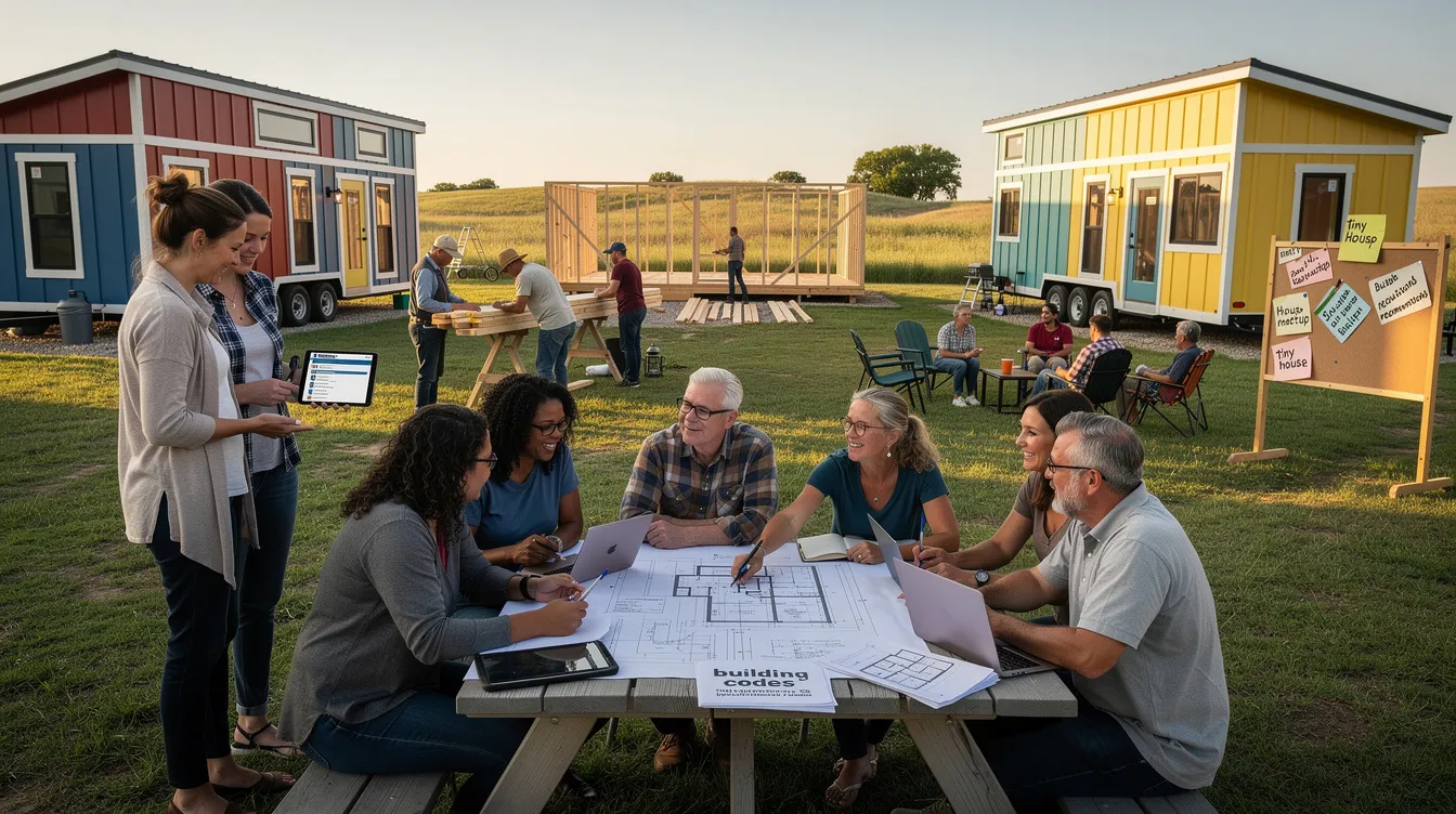 Ec177c53601442d787bcbd56a6096bb7 The image depicts a vibrant tiny house community in South Dakota where residents engage in shared activities and mentorship programs fostering social connections The scene showcases thoughtfully designed tiny homes nestled among trees with residents collaborating on building projects and navigating tiny house building codes together