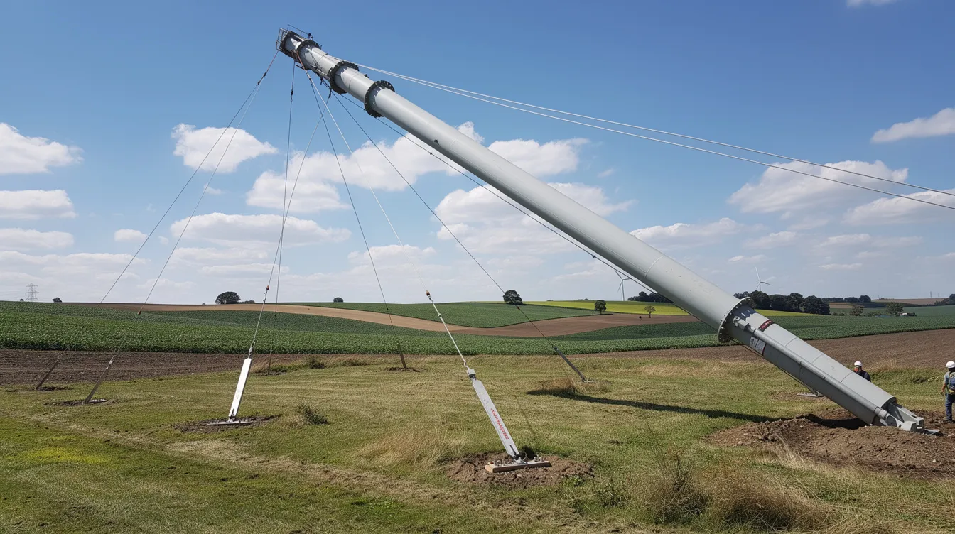 Ec24c3ea11b64ab6b043e85db104daec A tall guyed wind turbine tower stands prominently in a rural field with its anchor cables clearly visible supporting the structure This wind power system harnesses wind energy to produce electricity contributing to renewable energy efforts in the area