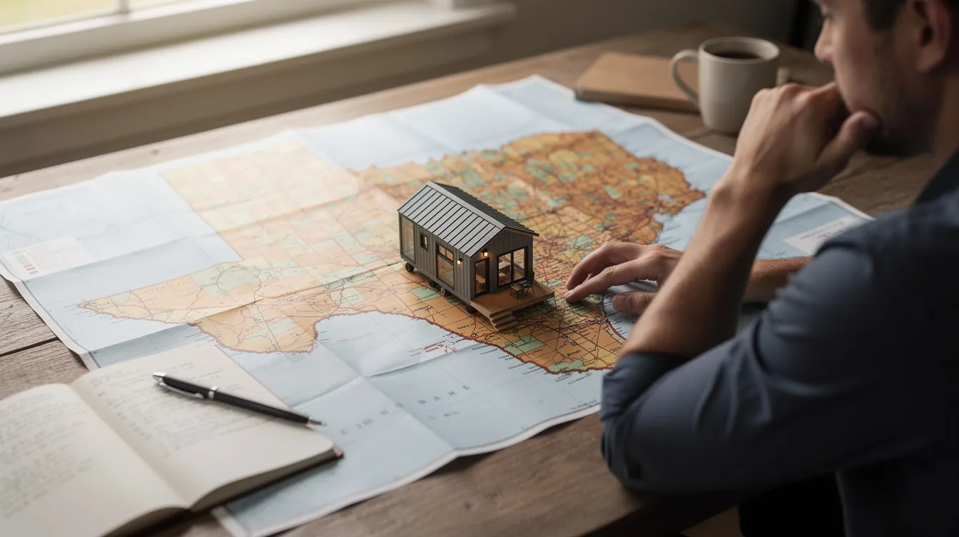 Edafce329d8042f3970107ba13433b01 A person is intently studying a map of Texas while a tiny house model sits in front of them indicating their plans for tiny home living They are likely considering local zoning laws and regulations as they plan their next move in the Lone Star State