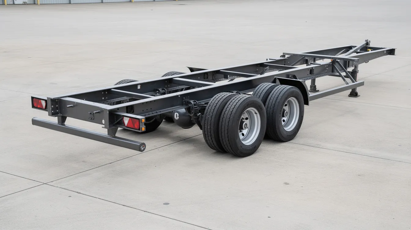 Ee342a1ac1a34ee2864119dea8e8acb7 The image depicts a flatbed trailer chassis featuring dual axles and a sturdy steel frame construction ideal for supporting a tiny house or tiny home The design emphasizes the trailer's weight rating and towing capacity, crucial factors for safe transport and construction of a mobile living space.