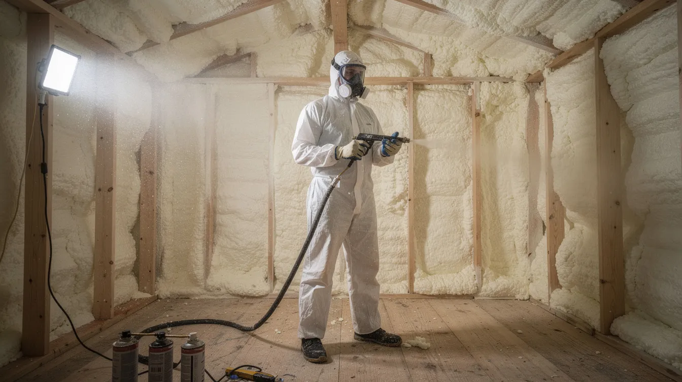 Ee91dd6581cf453eac9bcbd2a35754ee A person wearing safety gear is installing spray foam insulation inside a small wooden structure emphasizing the importance of proper insulation in the building process of a tiny house This scene highlights the careful planning and attention to detail necessary for effective tiny living while avoiding common DIY mistakes