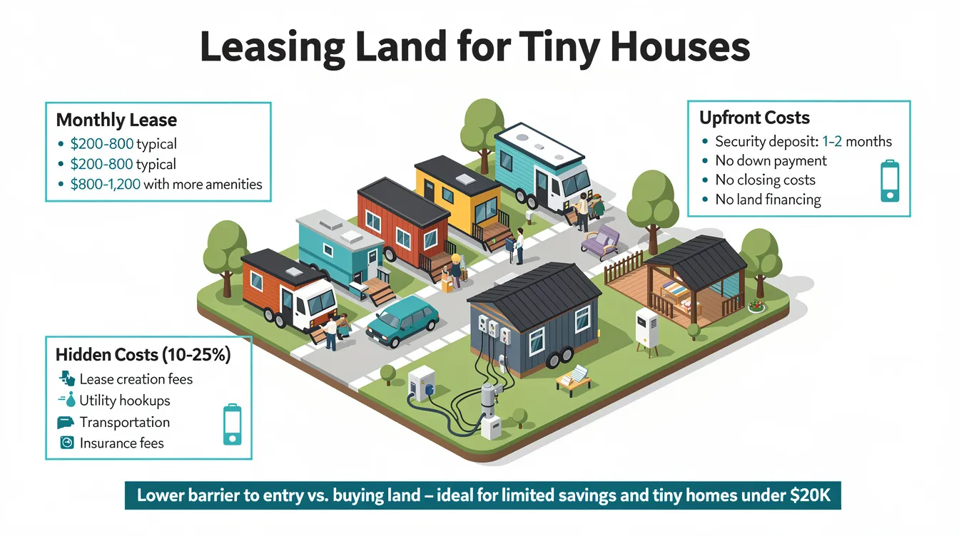Eec626bb8bb645bb9632135da47dc3fd An informative graphic illustrates the concept of leasing land for tiny houses highlighting monthly lease payments that range from 0 to 0 as well as potential hidden costs The image emphasizes the advantages of land lease agreements for tiny homeowners showcasing the affordability and lower barrier to entry compared to traditional homeownership