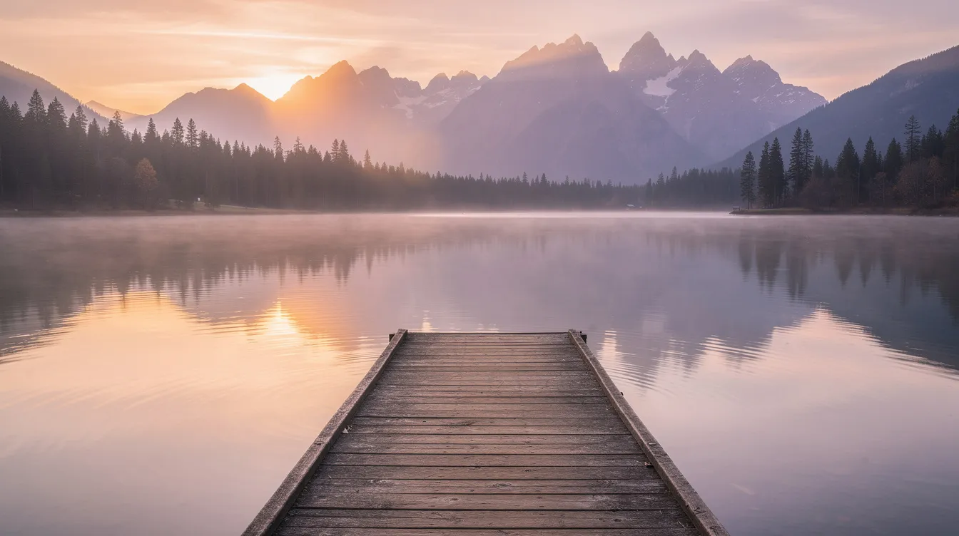 Ef62a5435d434536b619a73ef766a18e The image depicts a serene lake view at sunset with a wooden dock extending into the water and majestic mountains in the background This tranquil scene captures the essence of life in Montana where tiny house communities thrive amidst nature's beauty.