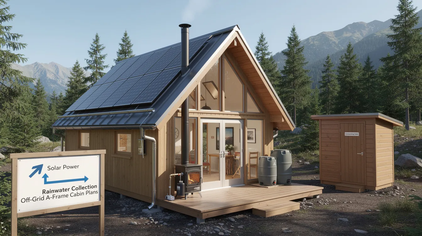F03e7007af1d495d91036b2a96f99d05 This image showcases a set of off grid cabin plans featuring compact frame cabin designs with a triangular shape and large windows for natural light The plans include essential elements like solar panel integration rainwater collection systems and cozy interiors with a wood burning stove making it ideal for self sufficient living in remote locations