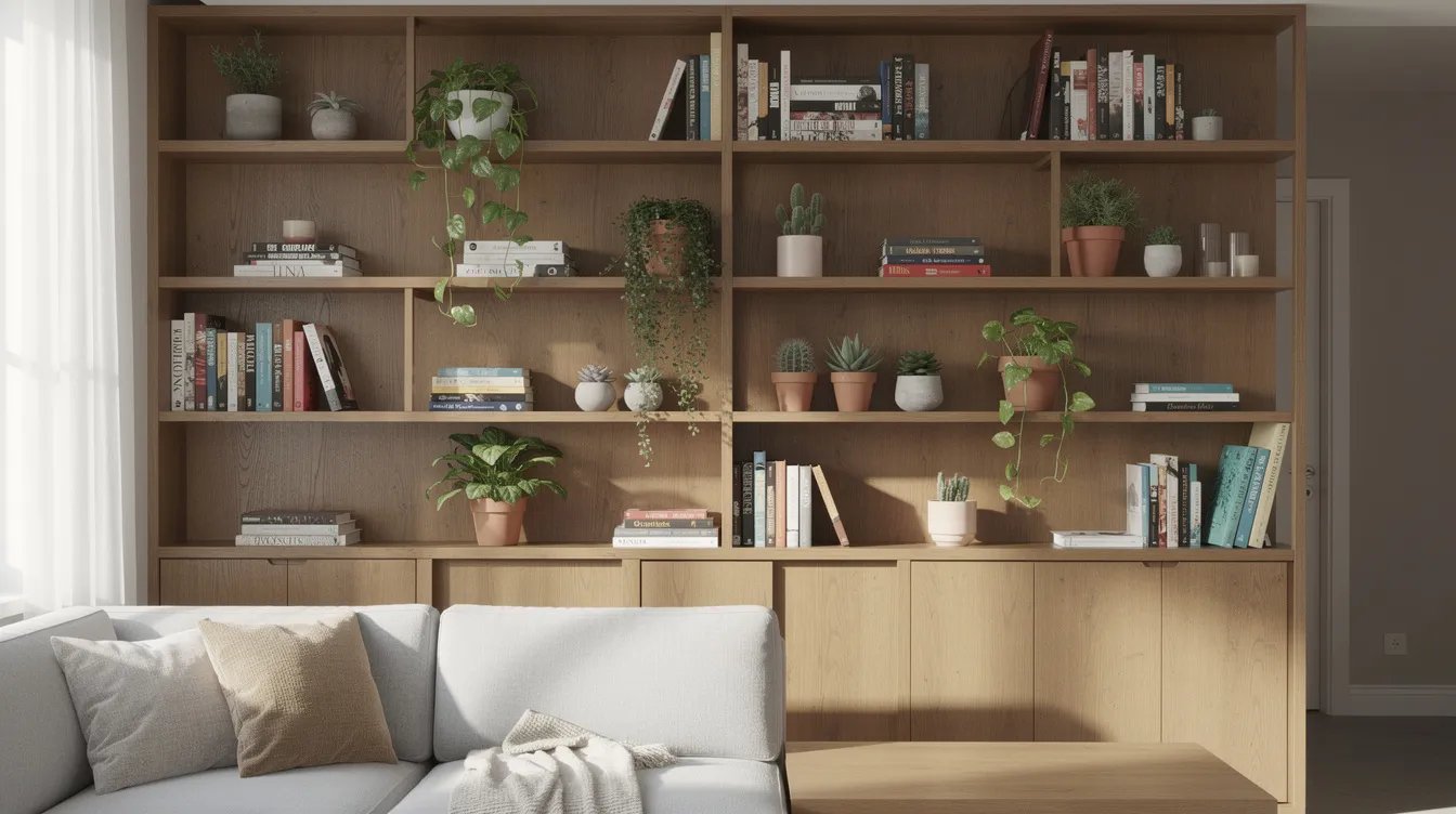 F08770b2e672441aae2fb410fa1fe585 The image features a floor to ceiling wooden shelving system in a small living room showcasing an array of books and plants that add character and warmth to the tiny house interior Natural light streams in through a large window enhancing the inviting atmosphere and highlighting the clever storage solutions that maximize vertical space