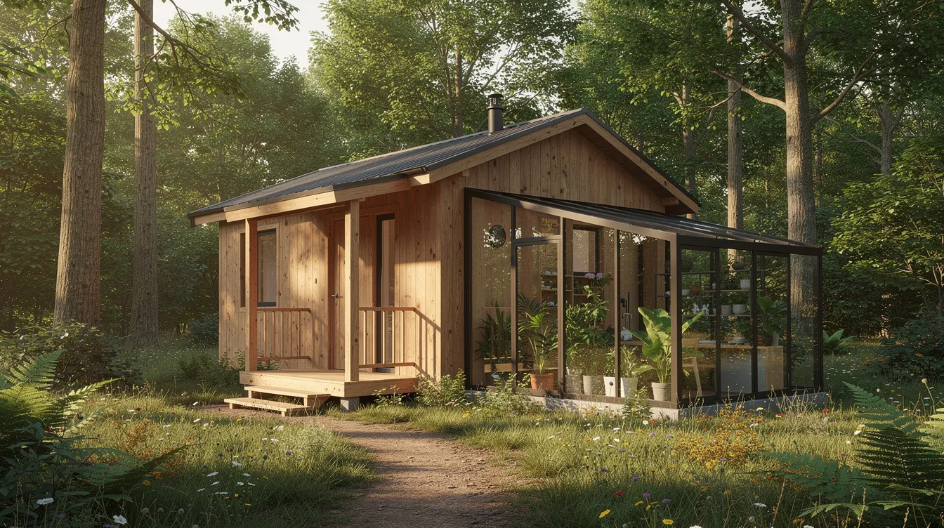 F0a9bb211b1c4d949f99cccc9b59b9af An exterior view of a tiny house with a wooden structure and a glass greenhouse attached surrounded by lush trees on a sunny day The greenhouse designed for food production features large windows that allow natural light to flood the interior space showcasing various plants and flowers
