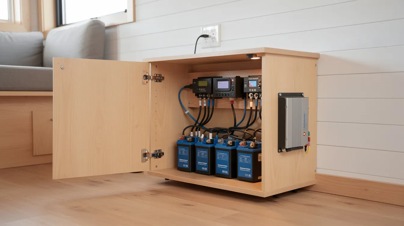 F0dfb1f691854d68ac120bc767b44fbf The image shows a compact lithium battery bank securely mounted inside a small wooden utility cabinet within a tiny house illustrating an efficient solar power system designed for off grid living This setup highlights the importance of battery storage in managing energy needs and reducing electricity bills for tiny house owners