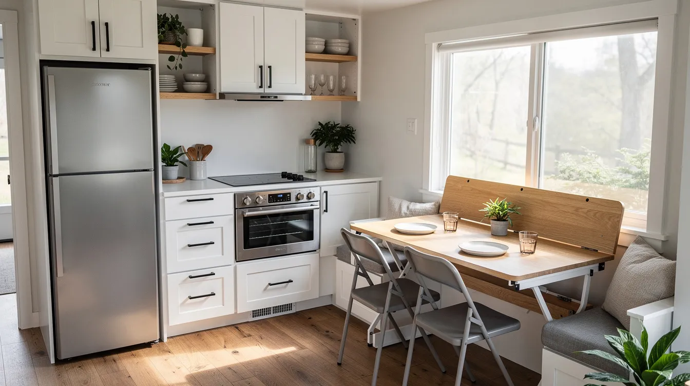 F17d6a8c6e5c4538b581671486f808eb The image depicts the interior of a tiny home featuring a compact kitchen equipped with modern appliances efficient built in storage solutions and a fold down dining table showcasing the clever design typical of the tiny house movement This space exemplifies how tiny living can offer functional and stylish solutions for affordable housing options