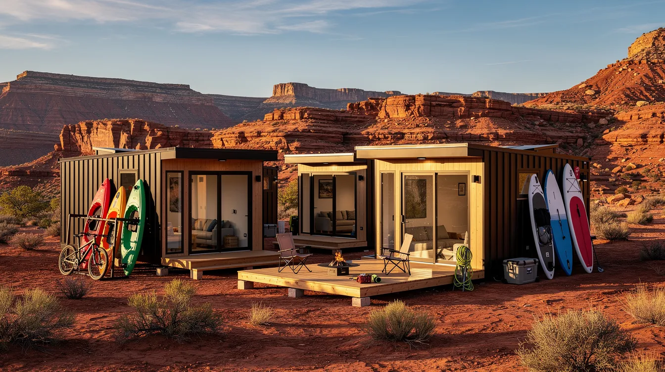 F1873ae0929f486ea6a497dc8dbf87b8 The image depicts a stunning red rock desert landscape featuring several small modern tiny homes nestled among the natural scenery with outdoor recreation equipment like bikes and picnic areas visible This scene reflects the essence of tiny living in Utah showcasing the unique charm of tiny house communities in the region