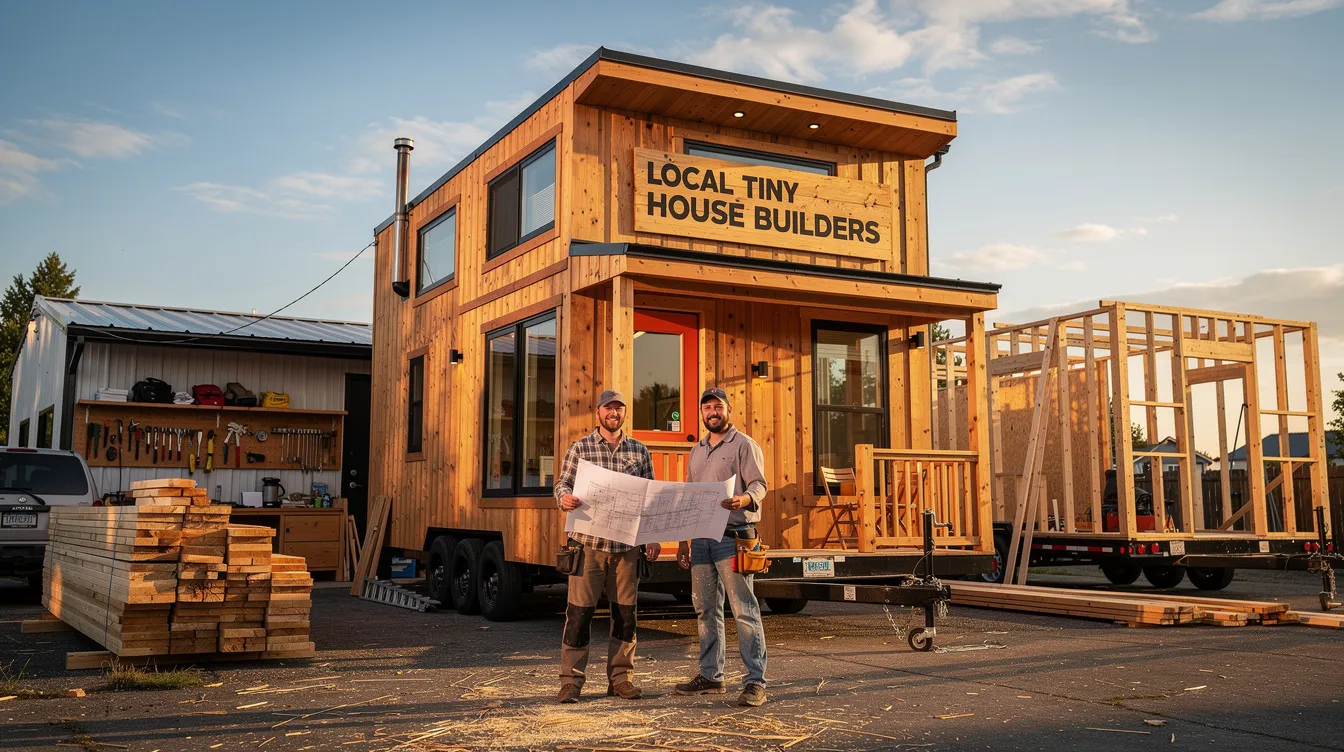 F1b2d6f8fd1747f59f5a2e065edb5897 The image showcases a group of local tiny house builders collaborating on custom tiny home designs emphasizing quality craftsmanship and sustainable building practices Various tiny home models are displayed highlighting the beauty of tiny house living and the freedom it offers in a compact space