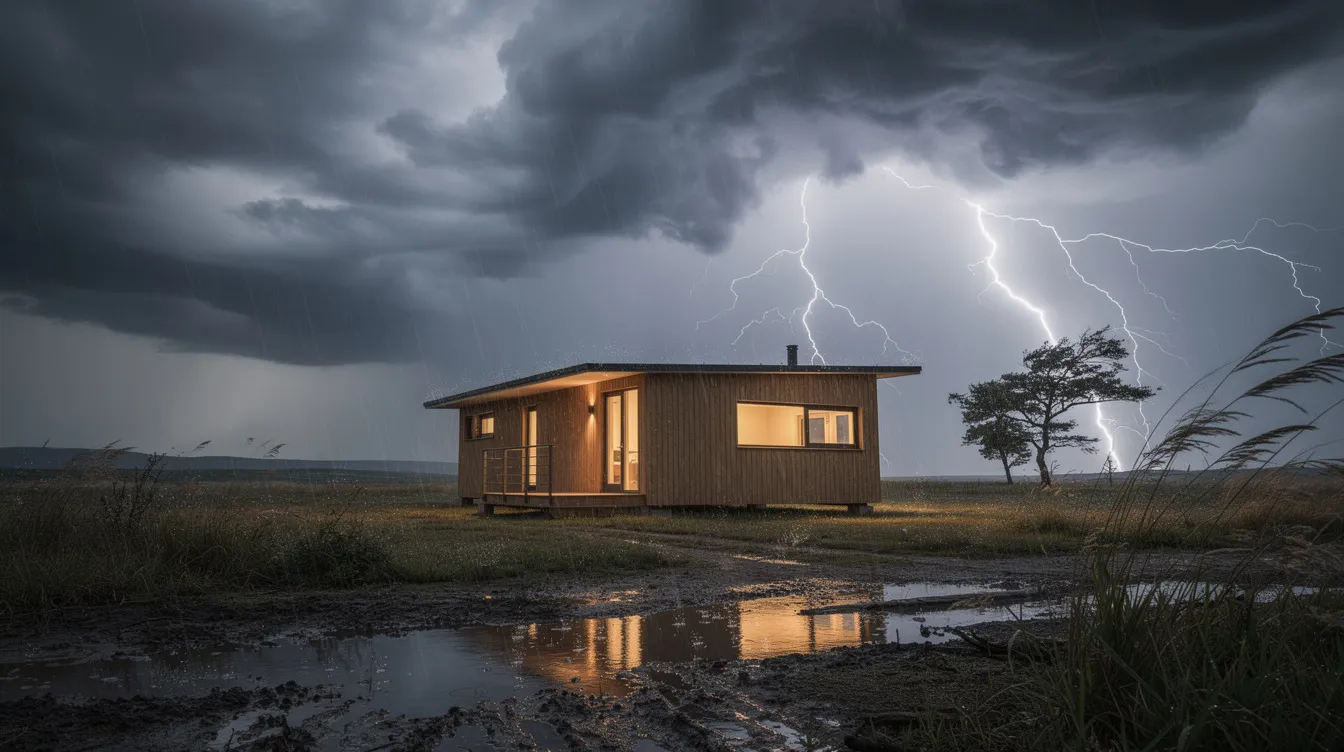F242be97ae664803943f90bfc20bb83a The image depicts a tiny home designed to withstand extreme weather conditions showcasing features like hurricane ties and heavy duty straps that enhance its safety during storms This super secure tiny house set against a dramatic sky symbolizes the resilience of tiny living in the face of hurricanes and high winds