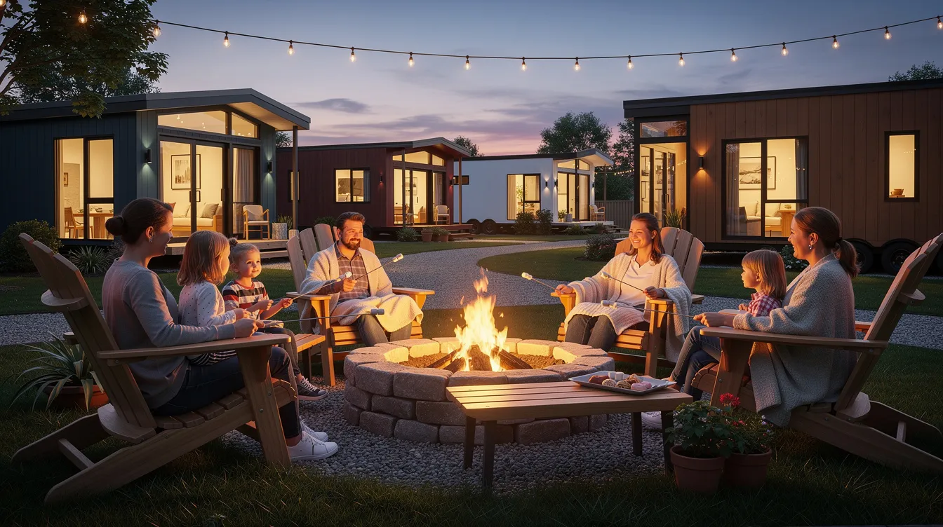 F2932927f4f24806a53cd97390cb609b A group of families gathers around an outdoor fire pit enjoying each other's company while tiny homes are visible in the background, showcasing the charm of tiny house communities in Maryland. The scene highlights the essence of sustainable living and community connection in these affordable living spaces.
