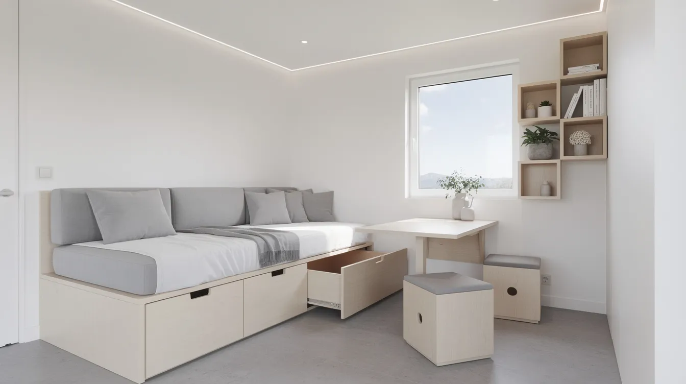 F3883757d9484357b4cd40eaa8f68d77 The image depicts a minimalist cube style tiny home interior featuring integrated furniture creating an efficient living space that maximizes vertical space and offers an open feel The design showcases modern tiny living with smart storage solutions making it an ideal example of tiny house designs under 100 sq ft