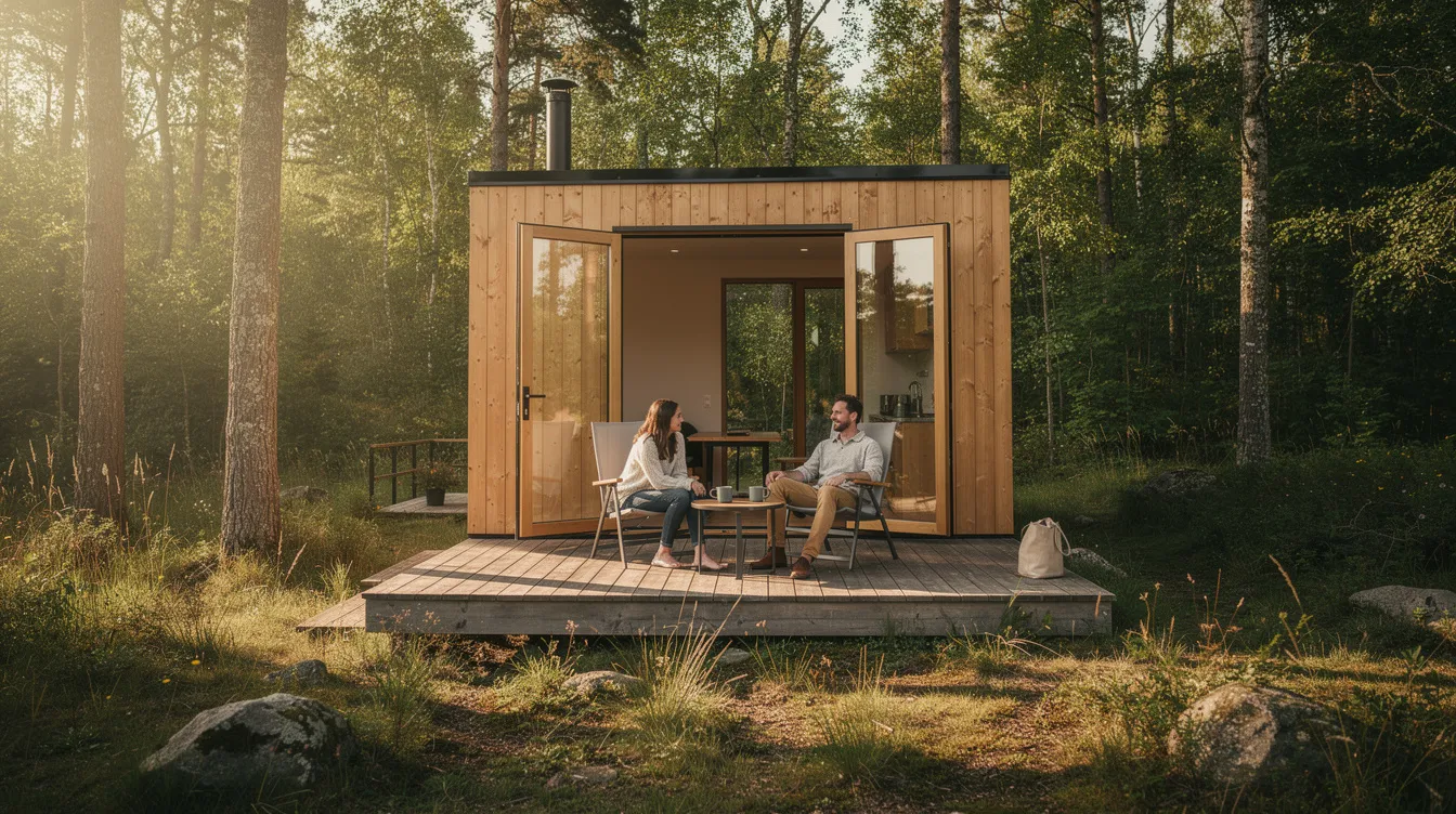 F3f03518737b401b9ddb9173fb86a3aa A couple relaxes on a wooden deck attached to their tiny home surrounded by lush trees and a serene natural landscape embodying the essence of tiny house living This scene reflects the simplicity and connection to nature that many tiny house owners seek in their minimalist lifestyle
