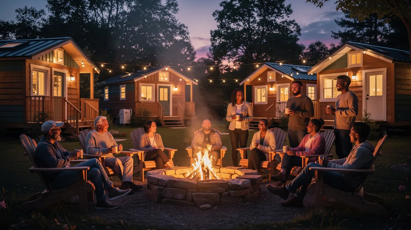 F46979037b234485b4eb9b8e963f13ec A group of people gathers around a warm outdoor fire pit in a cozy tiny house community at dusk surrounded by the natural beauty of New Hampshire The scene captures the essence of tiny living showcasing the sense of community and connection among residents in this inviting tiny house village