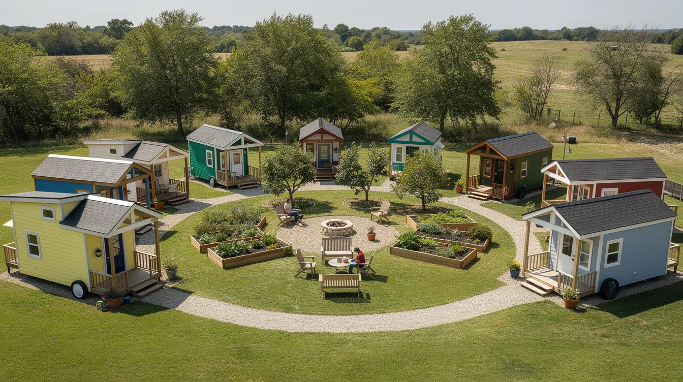 F66d5ce4e6ba4860bd22490e894ccc65 An aerial view showcases a vibrant tiny home community in South Sioux City where colorful tiny houses are arranged in a semicircle around a shared garden space complete with a cozy fire pit for residents to enjoy during the summer months This tranquil setting emphasizes the essence of tiny living offering comfortable living and shared amenities for small families and friends