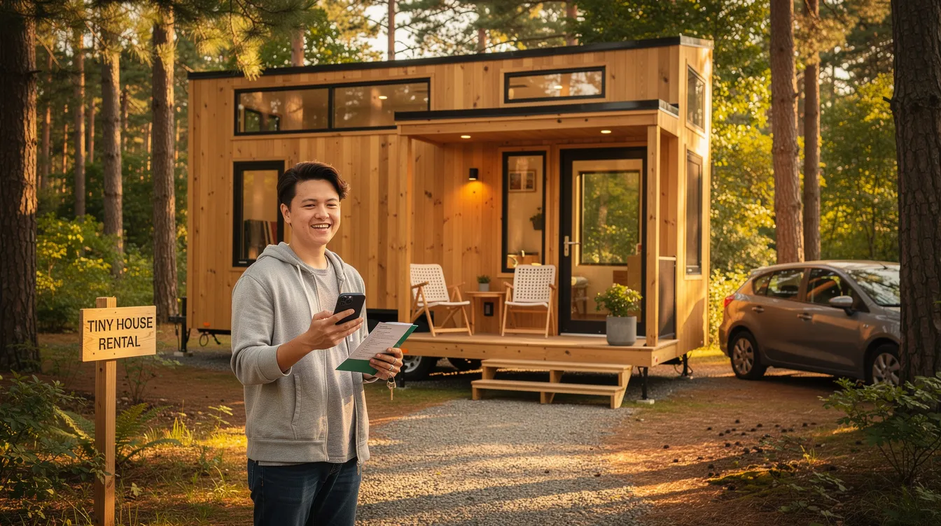 F6777314a5184b17855e3fe92e2a607a The image depicts a cozy tiny house nestled in a green landscape showcasing the tiny house lifestyle that emphasizes living minimally This tiny home is designed to maximize storage space while offering a close to everything location making it an appealing option for those considering renting versus buying a traditional house