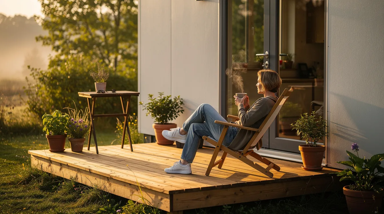 F7a9ce31da384ffe8acb5138a48ab1fe A person is sitting on a small wooden deck attached to a tiny house enjoying a moment of relaxation with a cup of coffee in hand This scene captures the essence of tiny house living showcasing the comfort and simplicity of small spaces in a tranquil setting