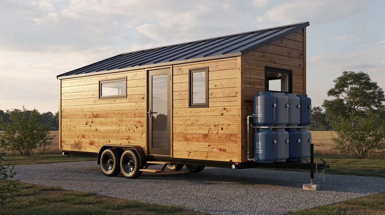 F8d77beb34f345e9ba0e6f1956a255c4 The image depicts a small wooden tiny house on wheels with a metal roof featuring visible water storage tanks along the exterior wall illustrating a rainwater harvesting system designed to collect and manage water efficiently This setup exemplifies sustainable living highlighting the integration of fresh water storage for the tiny home