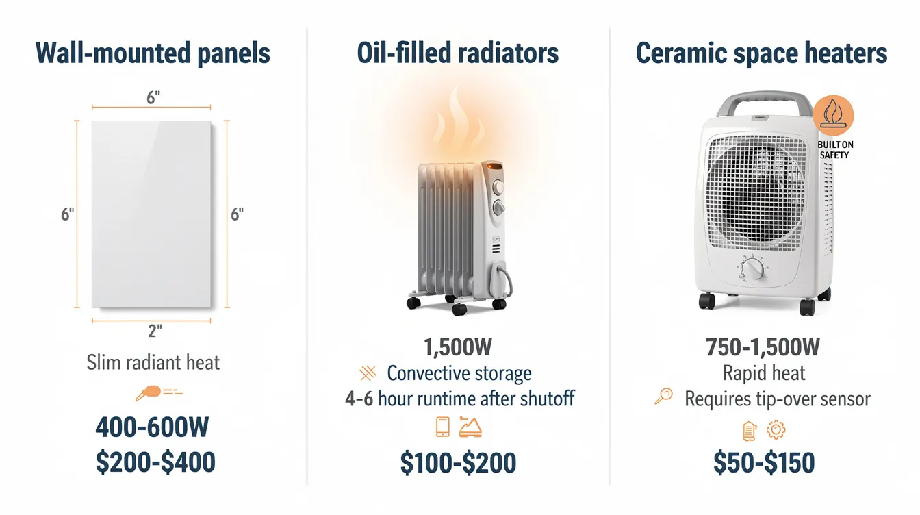 F96b48f771104babb10bde39b765c0aa The image showcases various electric heating solutions ideal for tiny homes including wall mounted panels oil filled radiators and ceramic space heaters Each option is designed to efficiently heat small spaces offering features like rapid heat convective storage and slim designs that cater to the limited space often found in tiny house living