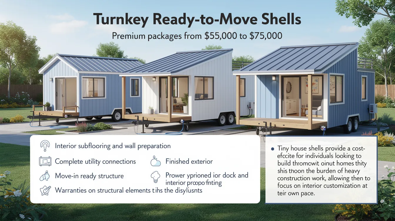 F97ca7cdaabe445ea9615bcd5dee4e04 The image showcases a premium tiny house shell kit ready to move in with finished exterior walls and complete utility connections This turnkey structure is designed for easy customization allowing future homeowners to focus on interior design without the burden of heavy construction work