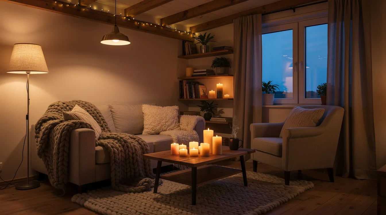 F9a1a4e15a4841ef84766b824042f3b2 The image depicts a cozy tiny house living area featuring layered lighting candles and soft wool textiles creating an inviting atmosphere With white walls and large windows that allow natural light to fill the space this Scandinavian style interior showcases a stylish blend of natural materials and textures perfect for relaxation and comfort