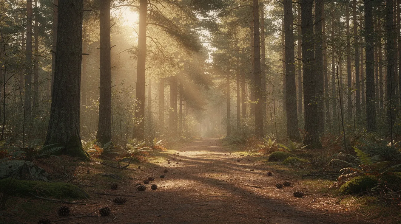 F9b0c5c069f74a569af0013e0226a525 A serene forest path is illuminated by sunlight filtering through tall pine trees creating a tranquil atmosphere perfect for hiking and exploring This peaceful setting evokes the charm of tiny house communities in Vermont where nature and community living harmoniously blend