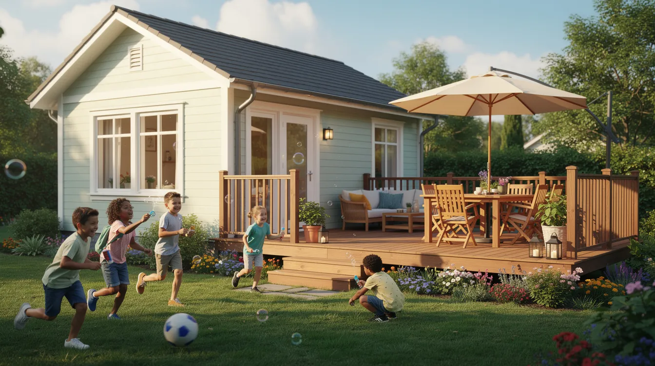 F9b5d7a9209c40e7ba3b87bcda20f0ff Two children are joyfully playing in a garden next to a tiny house which features a large wooden deck adorned with outdoor furniture This scene captures the essence of tiny house living showcasing how families can enjoy outdoor activities in small spaces while fostering strong family relationships