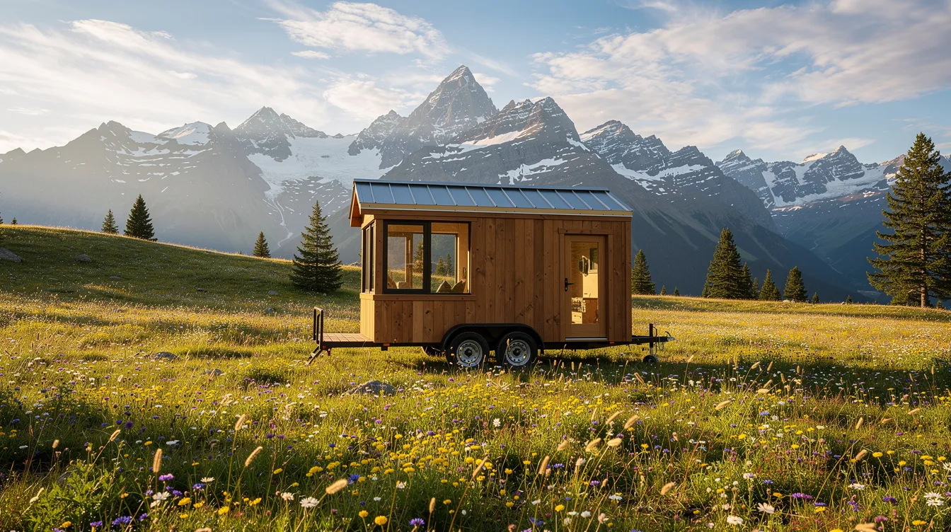 Fa66d50548c2440f9e521de73f0757e6 A tiny house on wheels is parked in a picturesque mountain meadow filled with vibrant wildflowers showcasing the charm of tiny home living amidst nature This scene reflects the growing tiny house movement where enthusiasts enjoy the simplicity and beauty of a compact lifestyle in scenic locations