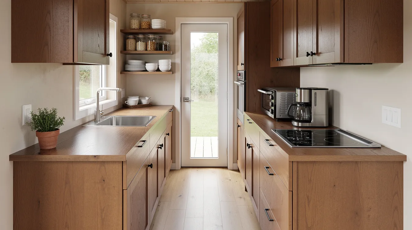 Fad915add21743c9a03012465563a2af The image depicts a compact galley kitchen inside a tiny house featuring wooden cabinets and various tiny house appliances such as a gas range microwave and slow cooker on the countertop The efficient design maximizes storage space and counter space making it ideal for cooking meals in small homes