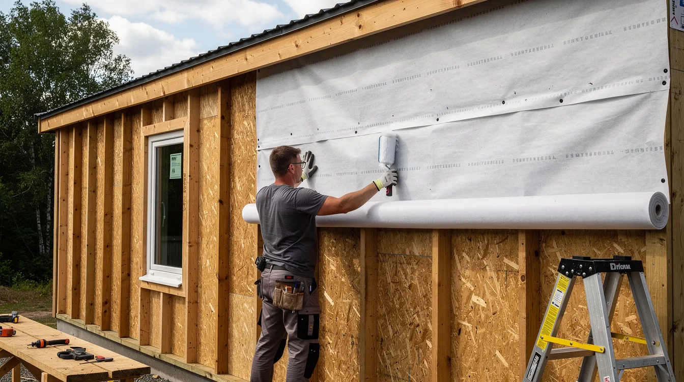 Fb2213a67e80480386a4ed57110c8054 A person is carefully applying a weather resistant membrane to the exterior walls of a tiny house ensuring a proper seal to protect against moisture buildup and potential water damage This step is crucial for maintaining a healthy living environment and preventing leaks that could lead to mold and rot