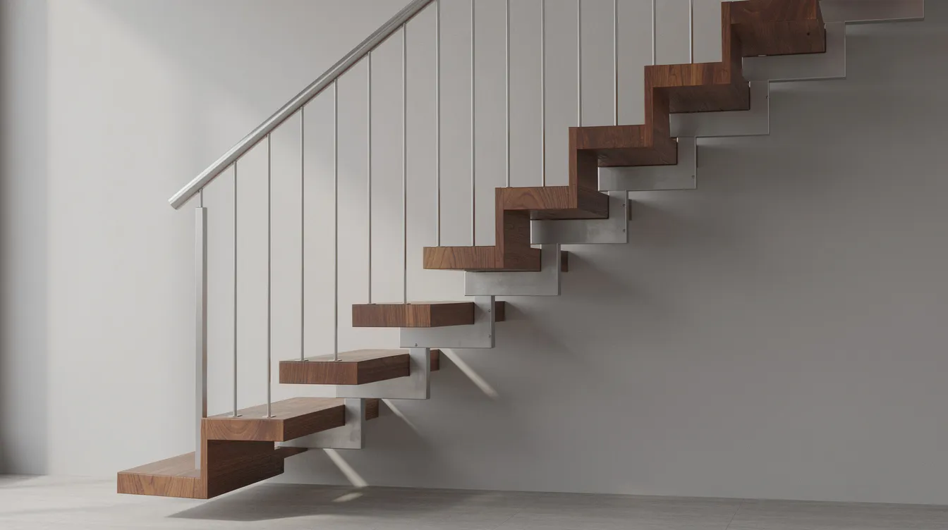 Fbb36785f7b34a9db68760cb4e8ca344 The image shows a side view of an alternating tread staircase designed for a tiny house featuring wooden treads and a sleek metal handrail This compact stair design is ideal for maximizing space in tiny living areas providing access to loft spaces while saving storage underneath