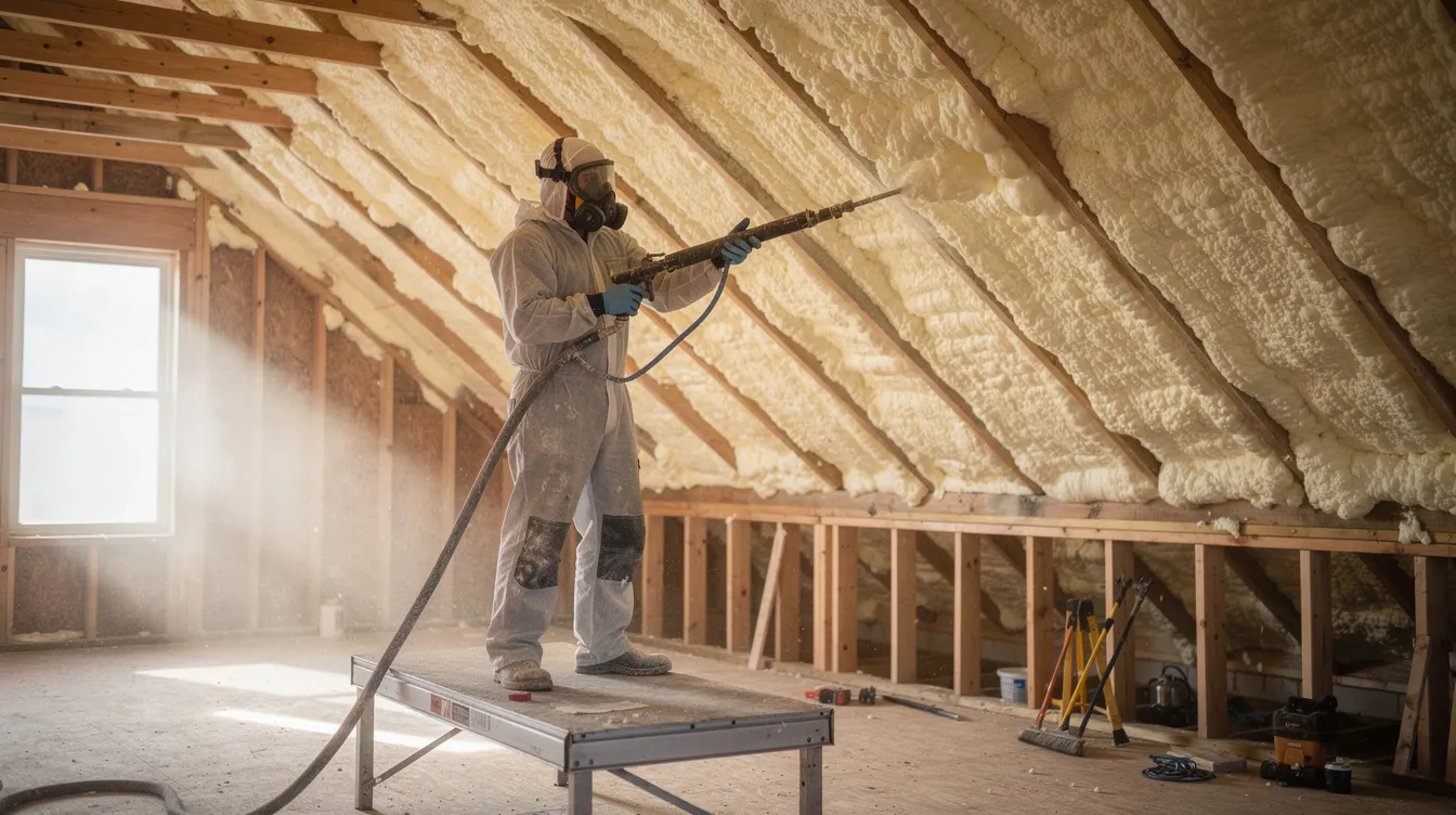 Fc2adf0e780a4999a8035c752e9b0750 A construction worker is applying spray foam insulation to the roof rafters of a tiny house ensuring a proper vapor barrier to enhance energy efficiency and comfort This closed cell spray foam insulation helps to prevent air leakage and moisture issues contributing to the overall thermal envelope of the home