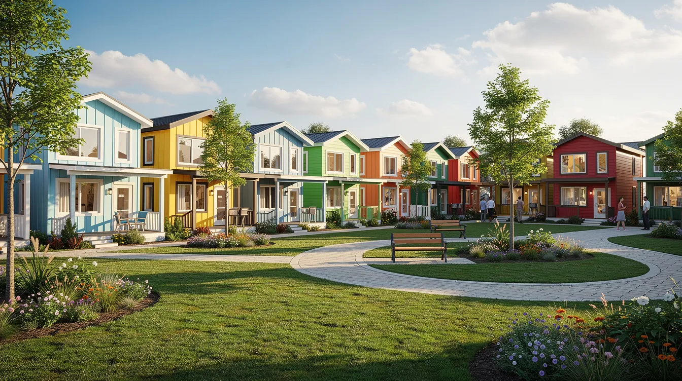 Fc93f17b485241739bd50451bc6e042f The image shows a vibrant row of tiny homes in a planned community featuring shared green spaces and walking paths embodying the spirit of the tiny house movement These tiny houses designed for efficient living reflect the growing trend towards affordable housing communities and highlight the importance of local zoning regulations and building codes in creating tiny home communities