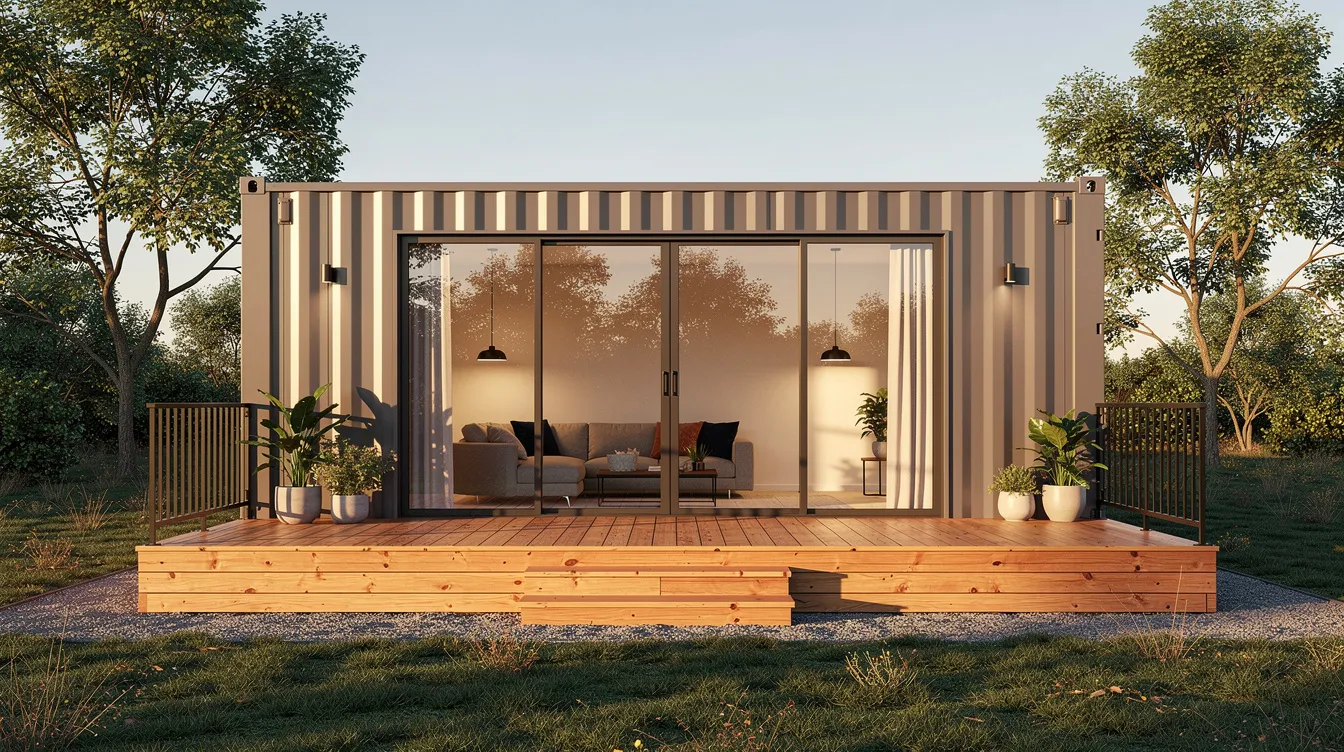 Fcf761ee31984e68a7363c1ab6450cfa The image depicts a converted shipping container home with a stylish wooden deck extension and large sliding glass doors showcasing a modern tiny home design perfect for island living in Hawaii This affordable housing option exemplifies the tiny home craze blending functionality with aesthetics in a unique living space