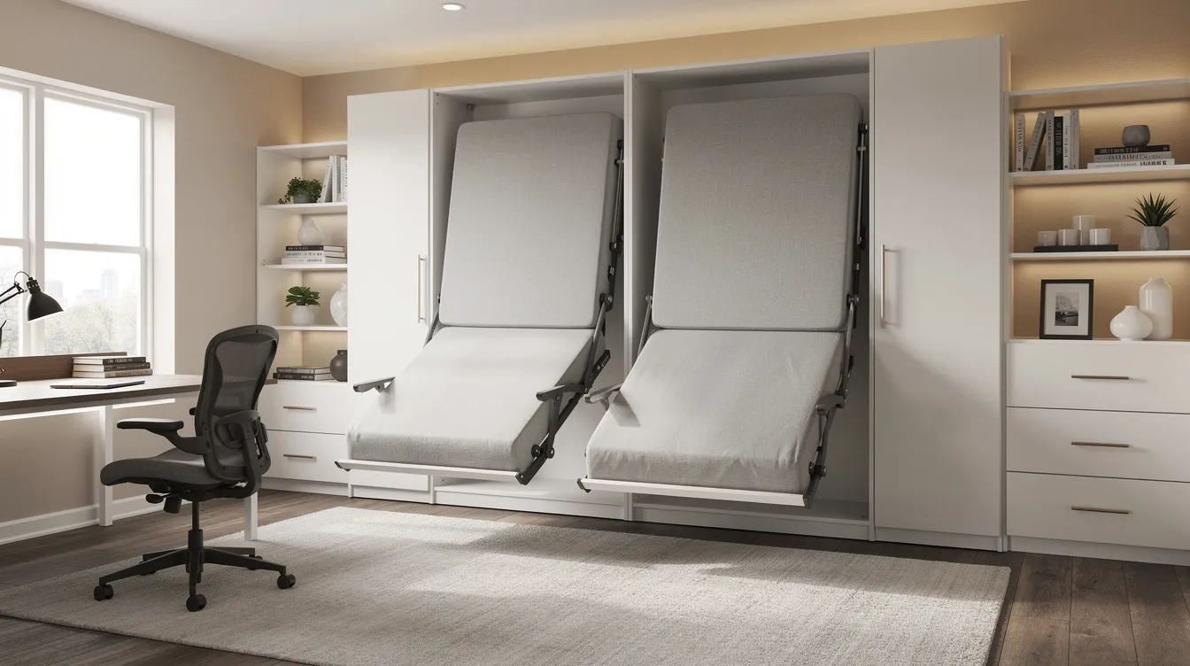 Fd6113f6db674629918030d198b5b359 The image showcases a versatile guest room featuring a murphy bed that efficiently utilizes valuable floor space This space saving design includes a wall bed that can be easily transformed into a comfortable guest bed perfect for accommodating visitors without sacrificing comfort in a limited space